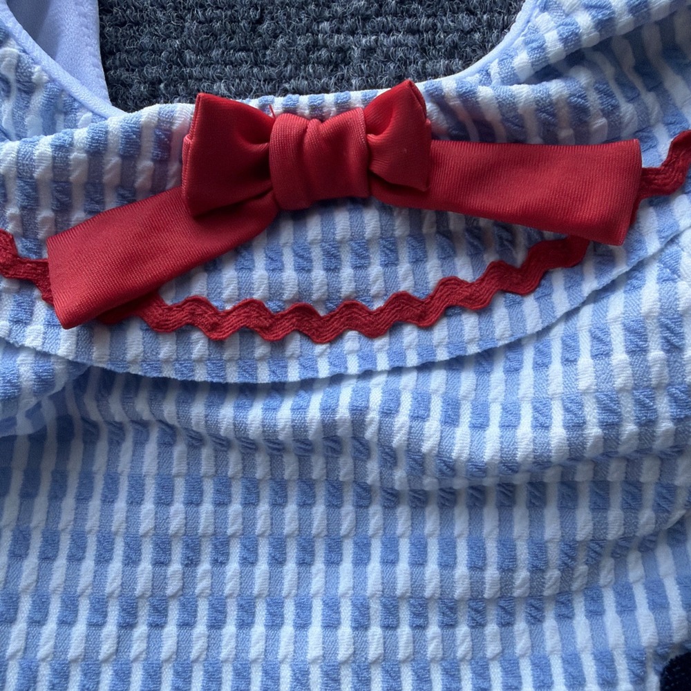 Sperry Infant Girls UPF 50+ UV Seersucker Striped Ruffle Swimsuit Red Bow Sz 9M - Picture 3 of 10